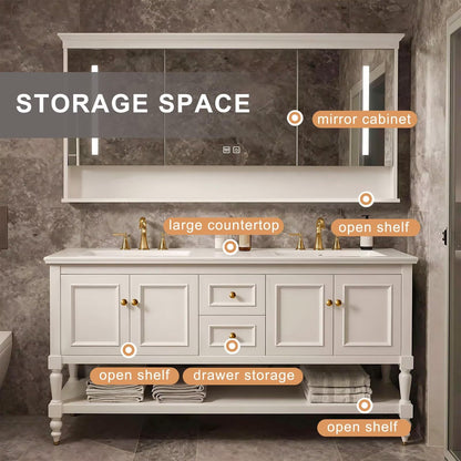 60”-84”Double Sink Freestanding Bathroom Vanity, White Shaker Cabinet with Gold Hardware