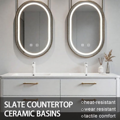 60”-84”Double Sink Floating Bathroom Vanity with LED Oval Mirrors, White Cabinet & Gold Hardware