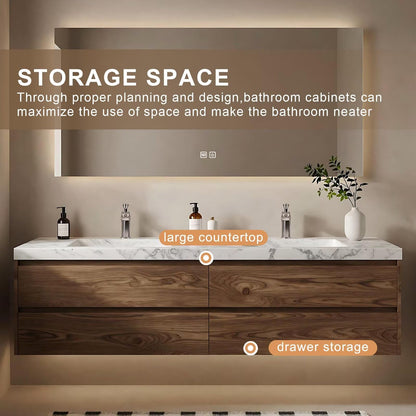 60”-84”Wall-Mounted Double Bathroom Vanity - Light Oak Wood Cabinet with White Stone Top & Gold Hardware