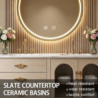 60"-84"Vintage Oak Bathroom Vanity Set with Gold Hardware & Marble Top