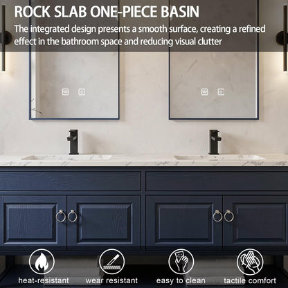 60”-84” Double Vanity, Navy Blue Cabinet with Marble Top & Black Metal Mirrors