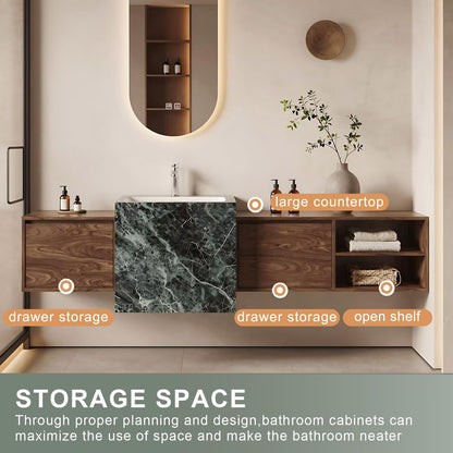 60”-84” Floating Bathroom Vanity with LED Arch Mirror, Wall Mounted Walnut Wood Vanity with Marble Sink & Open Storage Shelves