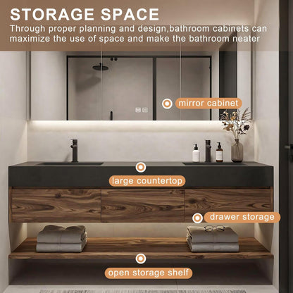 60”-84”Double Sink Floating Bathroom Vanity with LED Mirror Cabinet, Walnut Wood Vanity with Black Stone Top & Open Shelf