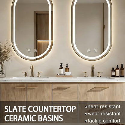 60"-84"Floating Oak Bathroom Vanity with Double Sinks & LED Oval Mirrors