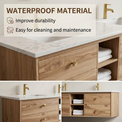 60"84"Modern Floating Oak Bathroom Vanity with Double Sinks & Gold Framed Oval Mirrors
