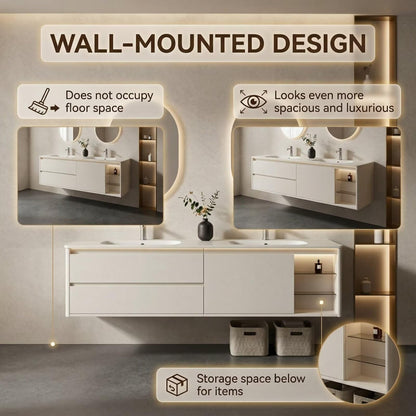 60"-84"Wall Mounted White Bathroom Vanity with Double Sinks & Open Shelf Storage