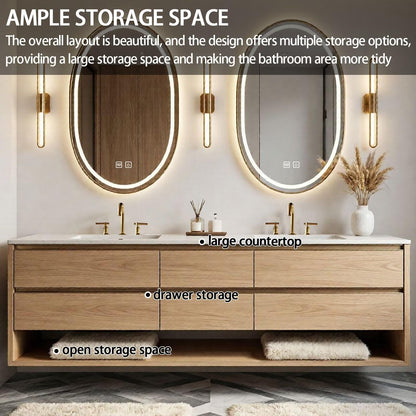 60"-84"Modern Light Wood Bathroom Vanity with Storage Drawers & Dual Smart LED Mirrors