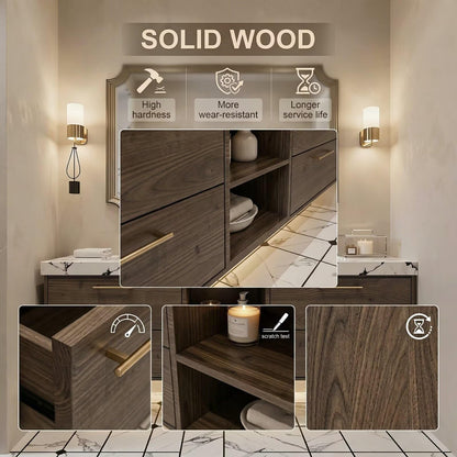60”-84”Double Floating Vanity with Gold Trim Mirror, Espresso Wood & Marble Countertop