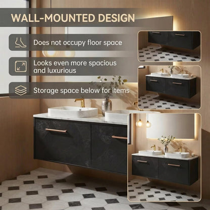 60”-96”Floating Black Bathroom Vanity with Double Sinks, Marble Top & LED Mirror