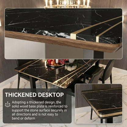 56"-96"Luxury Black Marble Dining Table with Gold Inlay & Sturdy Black Wood Base for Dining Room
