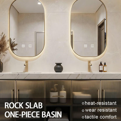 60"-84"Modern Floating Bathroom Vanity Set with Marble Top & Glass Cabinets