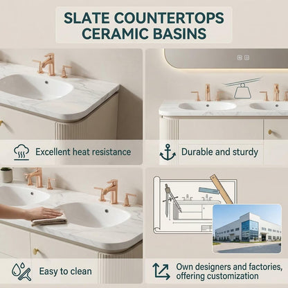 60"-96"Modern Wall-Mounted Bathroom Vanity with Double Sinks & Gold Hardware