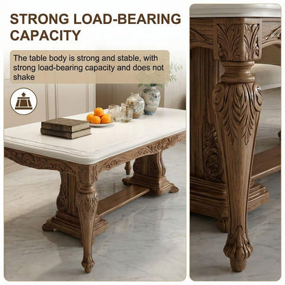 60"-80"Elegant Farmhouse Dining Table with Carved Wood Base & 6 Linen Chairs, for Dining Room
