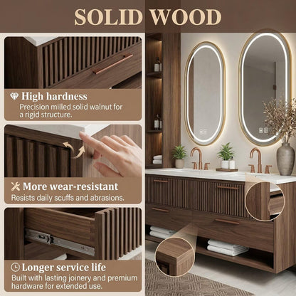 60"-96"Walnut Fluted Bathroom Vanity with Double Sinks & LED Gold Oval Mirrors