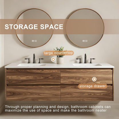 60”-84”Walnut Wood Floating Bathroom Vanity with Double Sink, Modern Wall-Mounted Vanity with LED Backlit Round Mirrors & White Stone Top