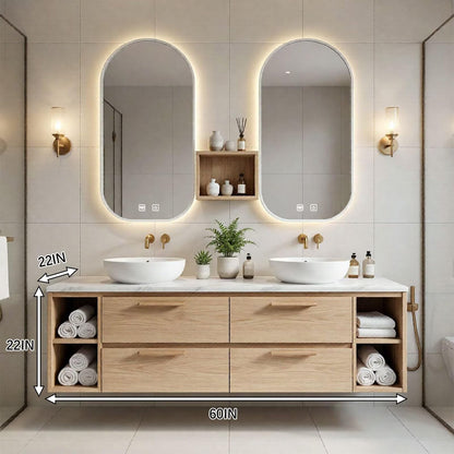 60“-96”Contemporary Oak Bathroom Vanity with Marble Countertop & LED Backlit Mirrors