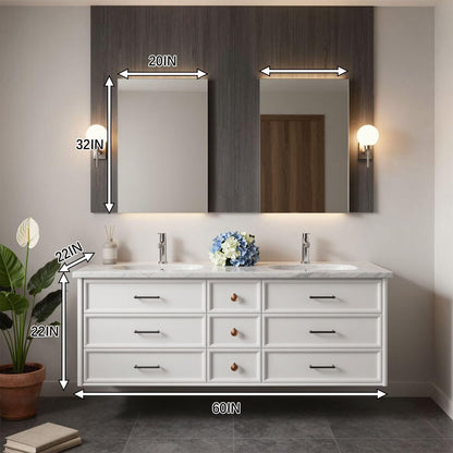 60"-96"Modern White Floating Bathroom Vanity with Double Sinks & Marble Countertop