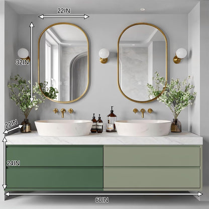 60"-96"Modern Green Bathroom Vanity with White Marble Top & Oval Gold Frame Mirrors