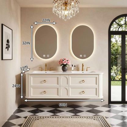 60"-96"Cream White Floating Bathroom Vanity with Double Sinks & LED Oval Mirrors