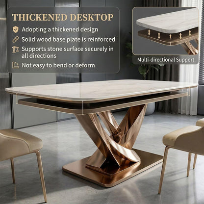 60"-80"Luxury White Marble Dining Table, Modern Kitchen Table with Elegant Rose Gold Base