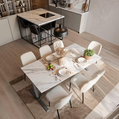 60"-80"White Marble Dining Table, Modern Rectangular Kitchen Table with Black Metal Base