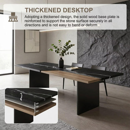 60"-80"Black Marble Dining Table, Modern Rectangular Kitchen Table with Black Metal Base