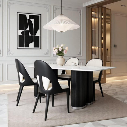 60"-80"White Marble Dining Table, Modern Rectangular Kitchen Table with Black Fluted Base