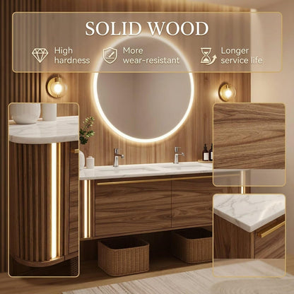 60"-84"Double Sink Floating Vanity with LED Round Mirror,Walnut Finish