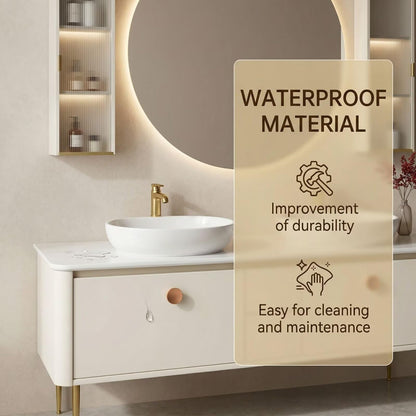 60"-96"White Freestanding Bathroom Vanity with Double Vessel Sinks & LED Round Mirror
