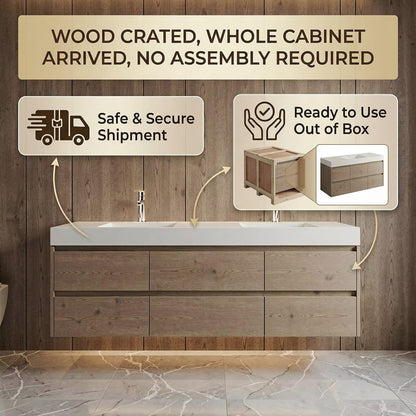 60”-96” Light Oak Floating Bathroom Vanity with Double Sinks & LED Round Mirrors