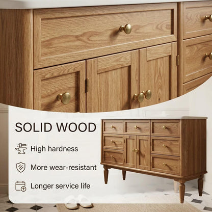 60"-96"Vintage Style Double Sink Bathroom Vanity with Gold Knobs & Storage Cabinet