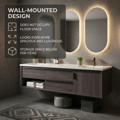 60"-96"Modern Wall-Mounted Bathroom Vanity with Open Shelf & White Countertop