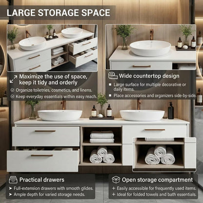 60“-84”Modern Floating Double Bathroom Vanity with LED Round Mirror & White Ceramic Sink