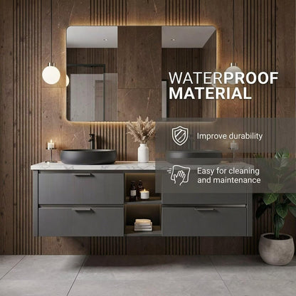 60”-84”Double Sink Floating Bathroom Vanity with LED Mirror, Dark Gray Cabinet & Black Vessel Sinks
