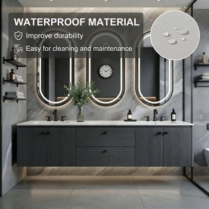 60"-96"Dark Wood Floating Bathroom Vanity with Double Sinks & LED Oval Mirrors