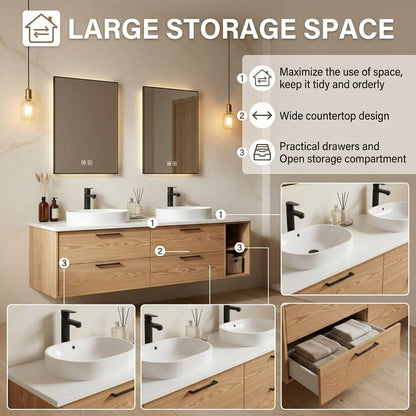 60"-84"Light Oak Floating Bathroom Vanity Set with LED Mirrors & Black Handles
