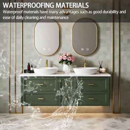 60”-84” Floating Vanity, Sage Green Double Sink Cabinet with Gold Oval LED Mirrors