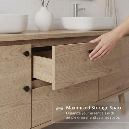 60"-96"Modern Scandinavian Bathroom Vanity with Double Sinks & Oak Cabinet