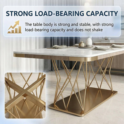 60"-80"Luxury Rectangular Dining Table, White Marble Top with Sleek Gold Metal Legs