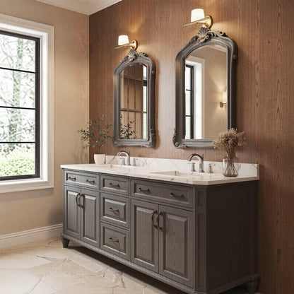 60”-112” Antique Gray Wood Double Vanity with Ornate Mirrors & Gold Hardware