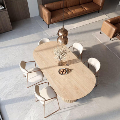 60"-80"Light Oak Oval Dining Table with Ribbed Base, Minimalist Modern Dining Table
