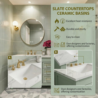 60”-96”Double Sink Bathroom Vanity with Gold Round Mirrors, Sage Green Cabinet & Marble Top