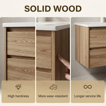 60”-96” Light Wood Floating Bathroom Vanity with Double Sinks & LED Lighted Mirror Cabinet