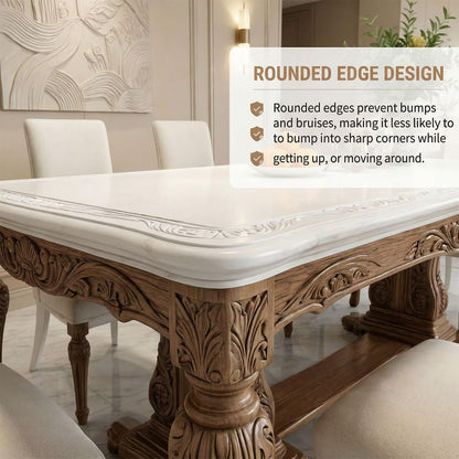 60"-80"Elegant Farmhouse Dining Table with Carved Wood Base & 6 Linen Chairs, for Dining Room