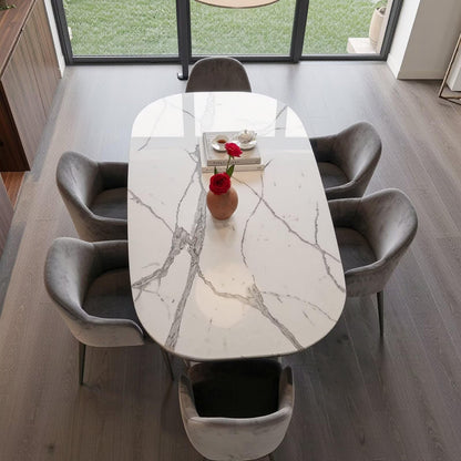 56"-96"Modern Oval White Marble Dining Table, Glossy Top Rectangular Rounded Kitchen Table