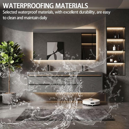 60”-84”Double Sink Floating Bathroom Vanity with LED Backlit Mirror, Gray Wood Cabinet
