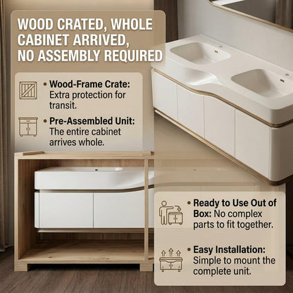 60”-96”Sleek White Bathroom Vanity with Backlit LED Mirrors, Integrated Double Sinks & Gold Trim