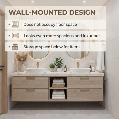 60”-84”Double Sink Floating Bathroom Vanity with Gold Oval Mirrors, Light Wood Cabinet & Marble Top