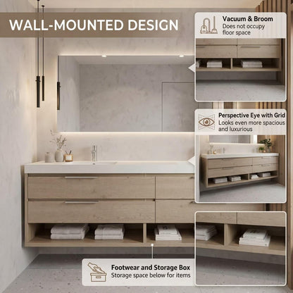 60"-96"Modern Wood Vanity with Integrated Countertop & Open Shelf Storage