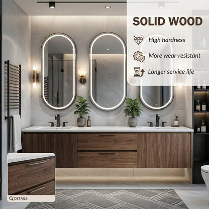 60"-96" Modern Wall-Mounted Bathroom Vanity with Marble Top & LED Lighted Mirrors